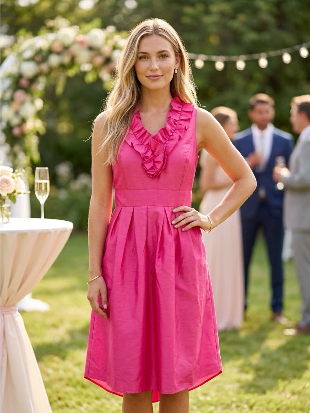 SANDRA DARREN Hot Pink Ruffle Neck Faux Silk Cocktail Wedding Guest Dress